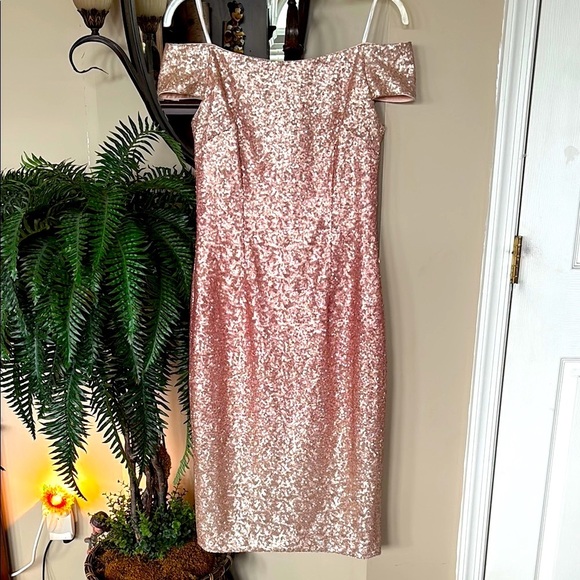 Vince Camuto Off Shoulder Coral Pink Ombre Sequin Dress Midi Sparkly Party - Picture 15 of 15